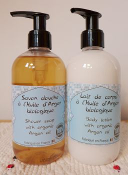 Savonnerie BleuJaune: Set Savon Douche & Lait pour le Corps (Bodylotion) 'Argan bio'