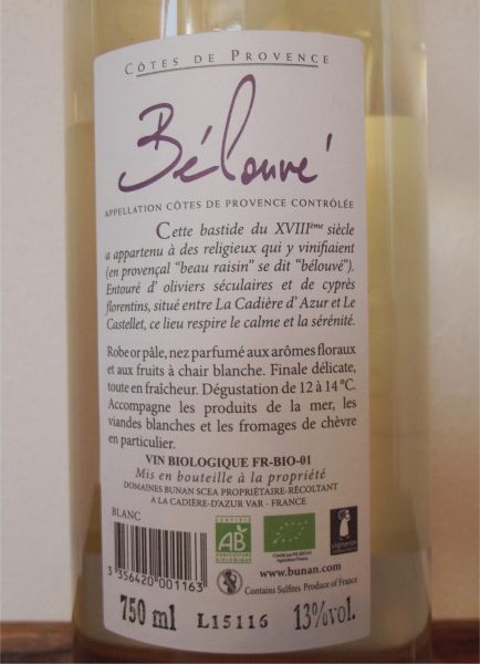 Domaines Bunan: Côtes de Provence Bélouvé Blanc 2022